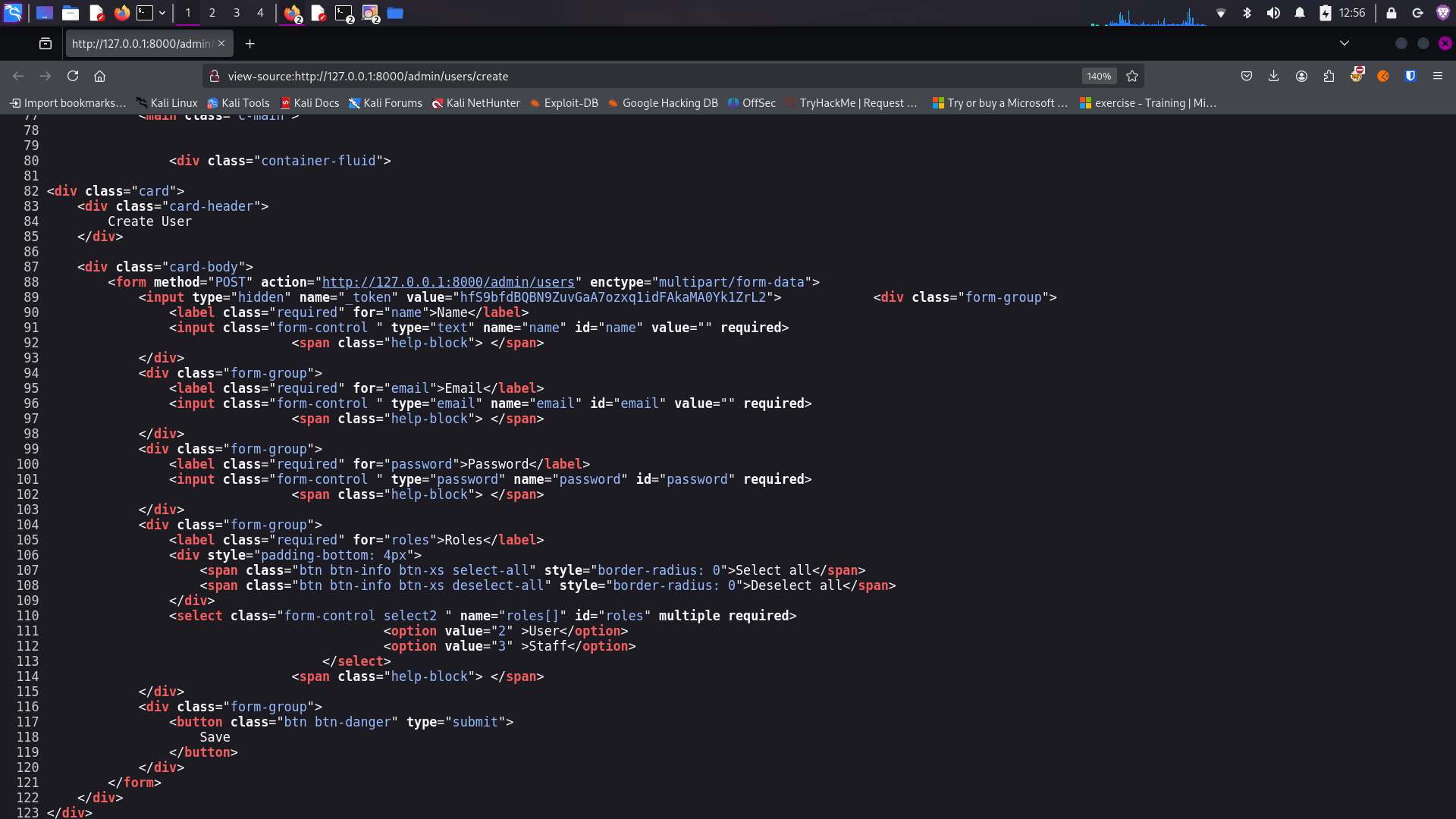 User creation form showing available roles