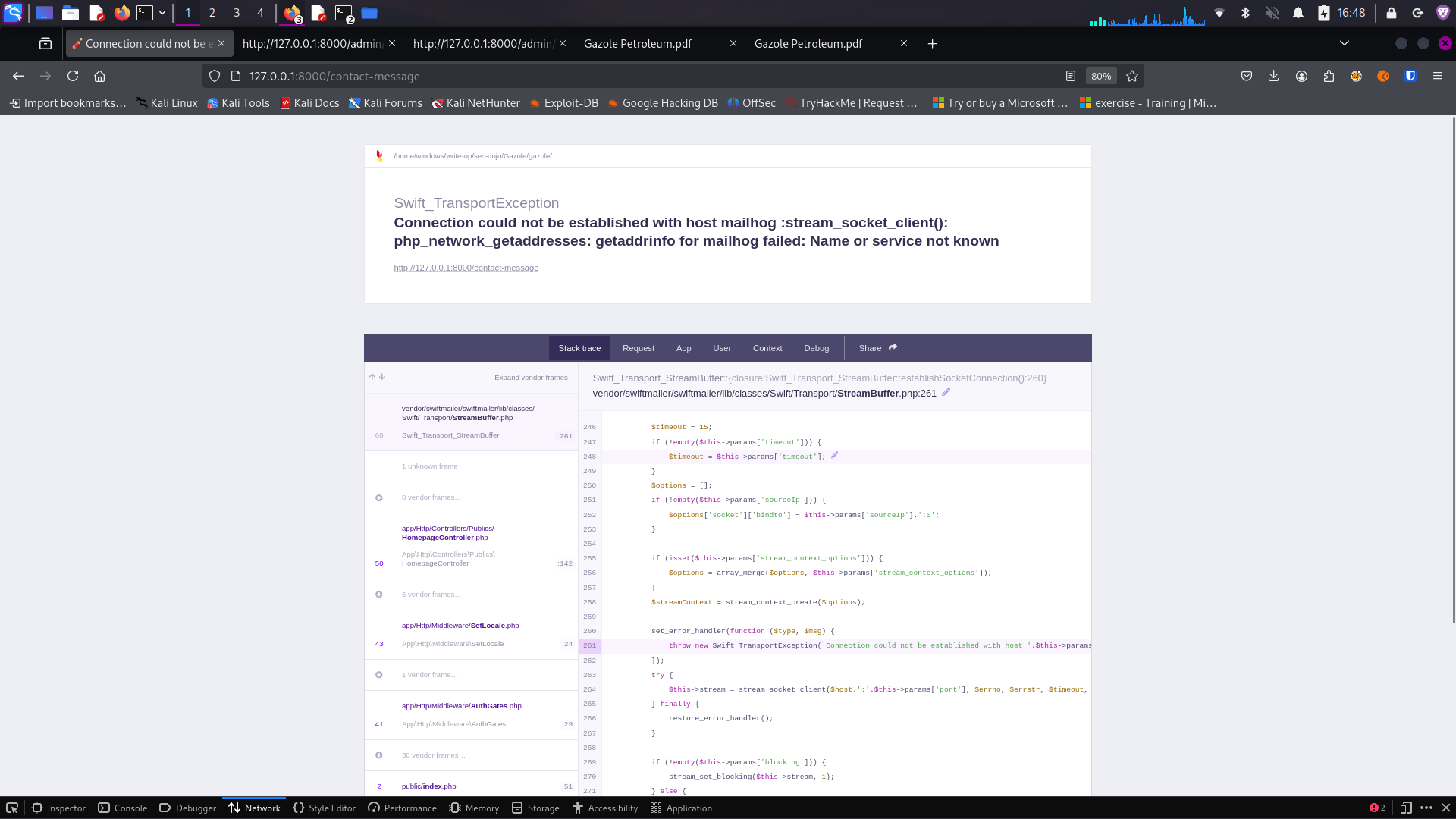 Contact form showing error message